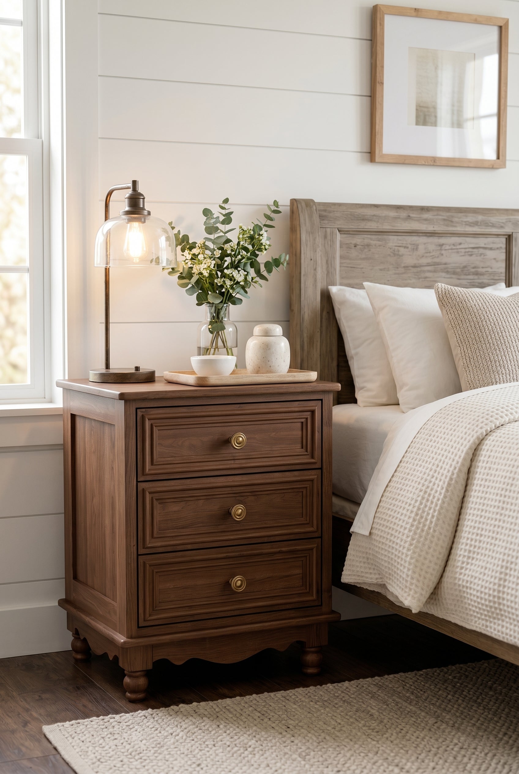 Traditional 3-Drawer Wooden Nightstand | Farmhouse Bedside Cabinet with Scalloped Base & Brass Knobs