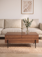 Sliding Lift-Top Wooden Storage Coffee Table, Rectangular Hidden Compartment Center Table with Divided Interior & Matte Metal Legs, Minimalist Living Room Storage Cocktail Table