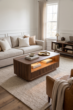 Vertical Fluted Wooden Coffee Table with Built-In LED Light, Pull-Out Storage Drawer & Open Bar Shelf, Curved Edge Ribbed Cocktail Table for Living Room Bar Storage
