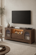 Arched Fluted Glass Door TV Stand with LED Light, 2 Drawer Wooden Media Console, Curved Recessed Frame Entertainment Center for Living Room