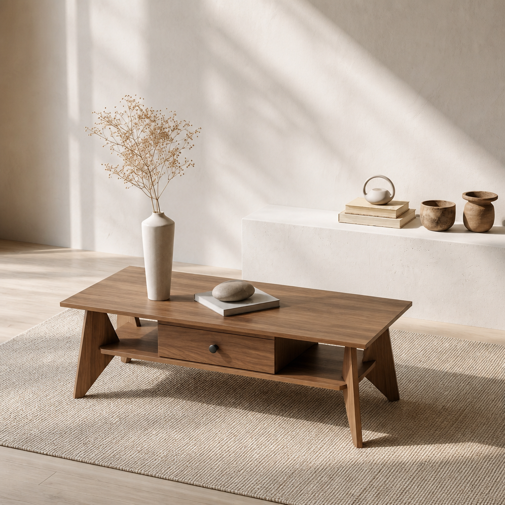 Wooden Coffee Table with Drawer and Open Storage Shelf, Mid‑Century Modern Rectangle Center Table for Living Room, Stable A‑Frame Legs Cocktail Table