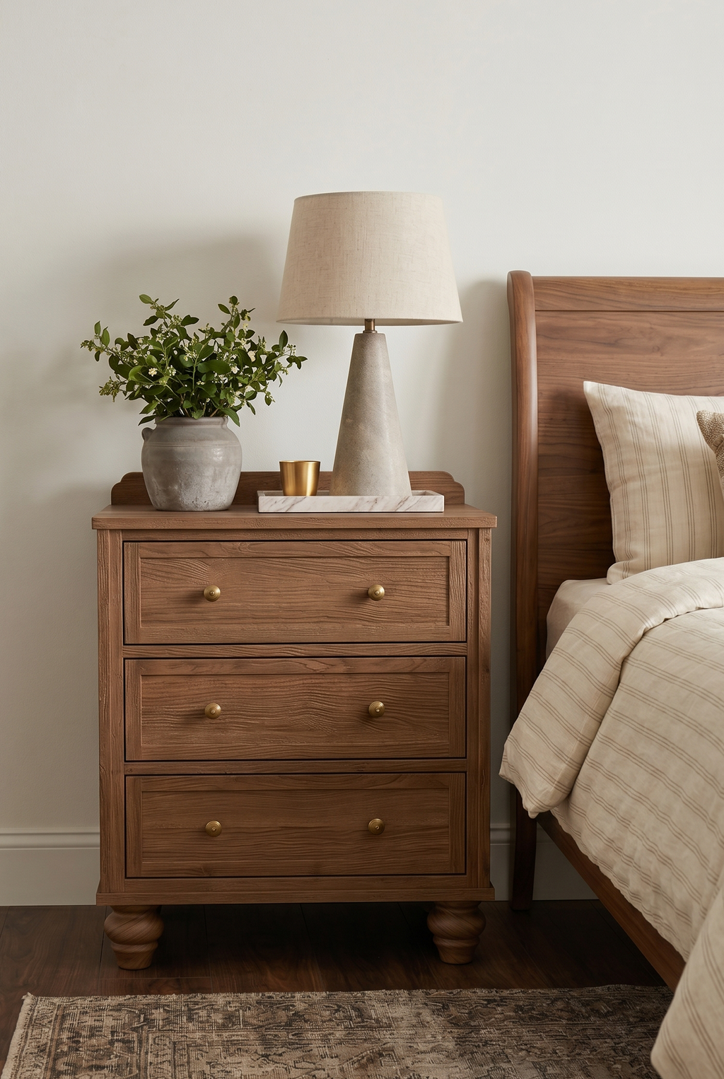 Traditional 3-Drawer Wooden Nightstand | Vintage Bedside Cabinet with Turned Legs & Brass Knobs