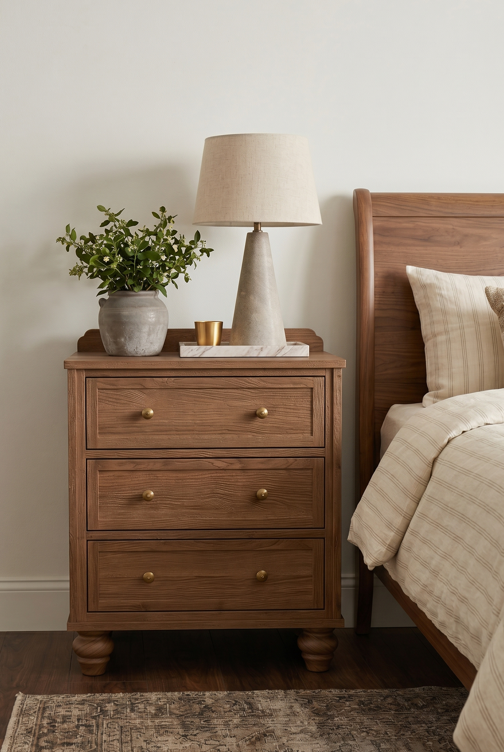 Traditional 3-Drawer Wooden Nightstand | Vintage Bedside Cabinet with Turned Legs & Brass Knobs