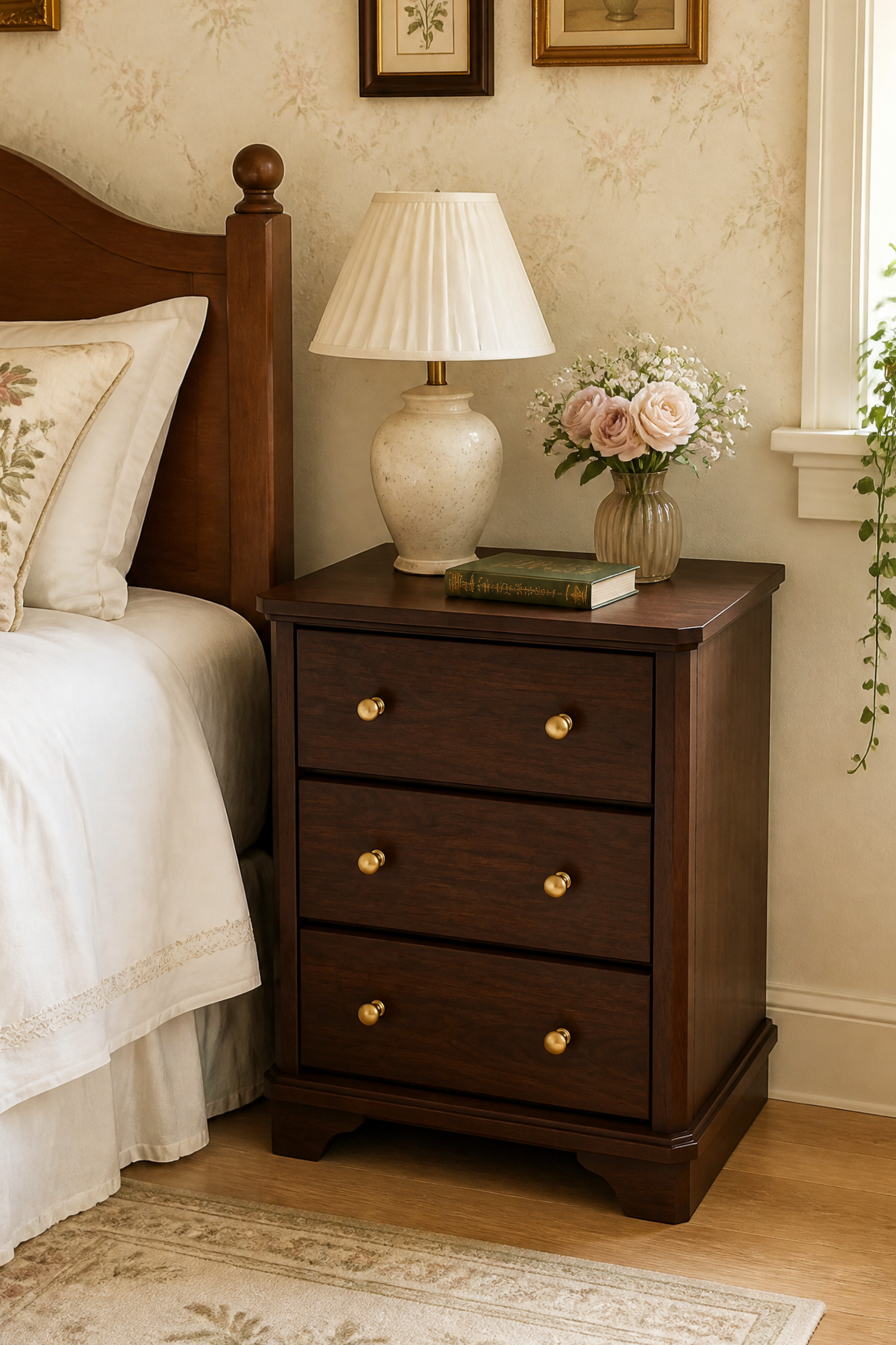 3-Drawer Classic Wooden Nightstand | Recessed Panel Bedside Cabinet with Long Brass Bar Pulls & Curved Kickboard Base