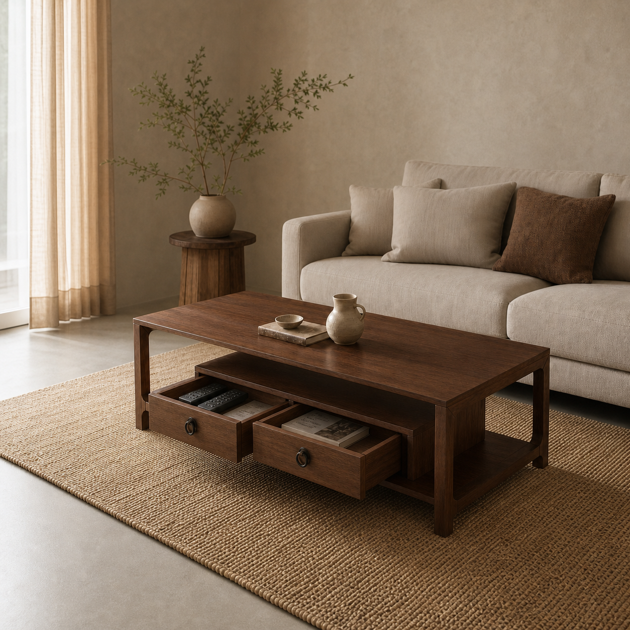 Solid Wood Coffee Table with Dual Drawer Storage, Open Shelf Central Living Room Cocktail Table, Minimalist Low‑Profile Rectangular Tea Table for Living Space Organization