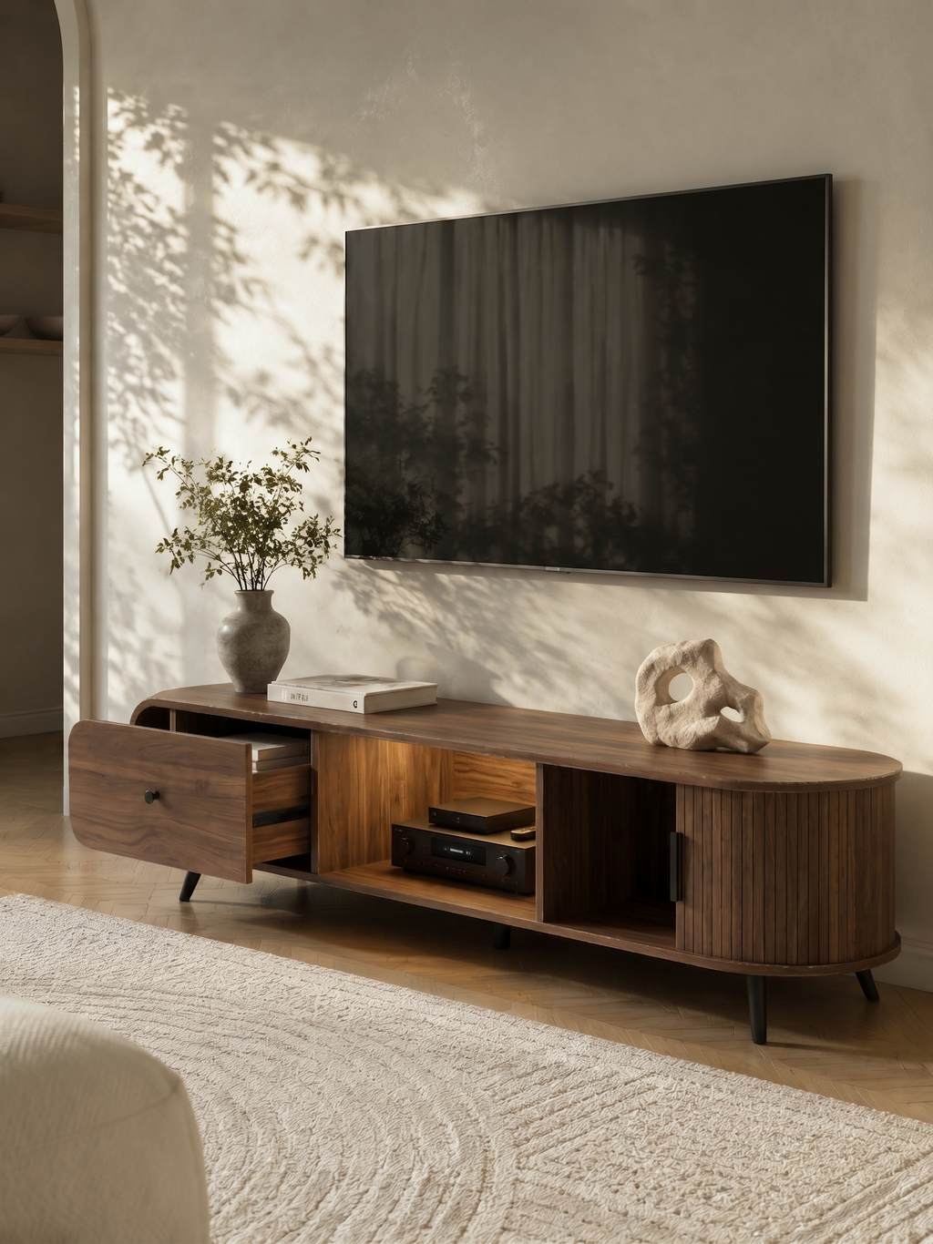 Oval Fluted Wood Media Console with LED Lighting, Mixed Storage TV Stand with Slide Drawer & Fluted Cabinet Door, Wabi-Sabi Curved Edge Entertainment Center for Living Room