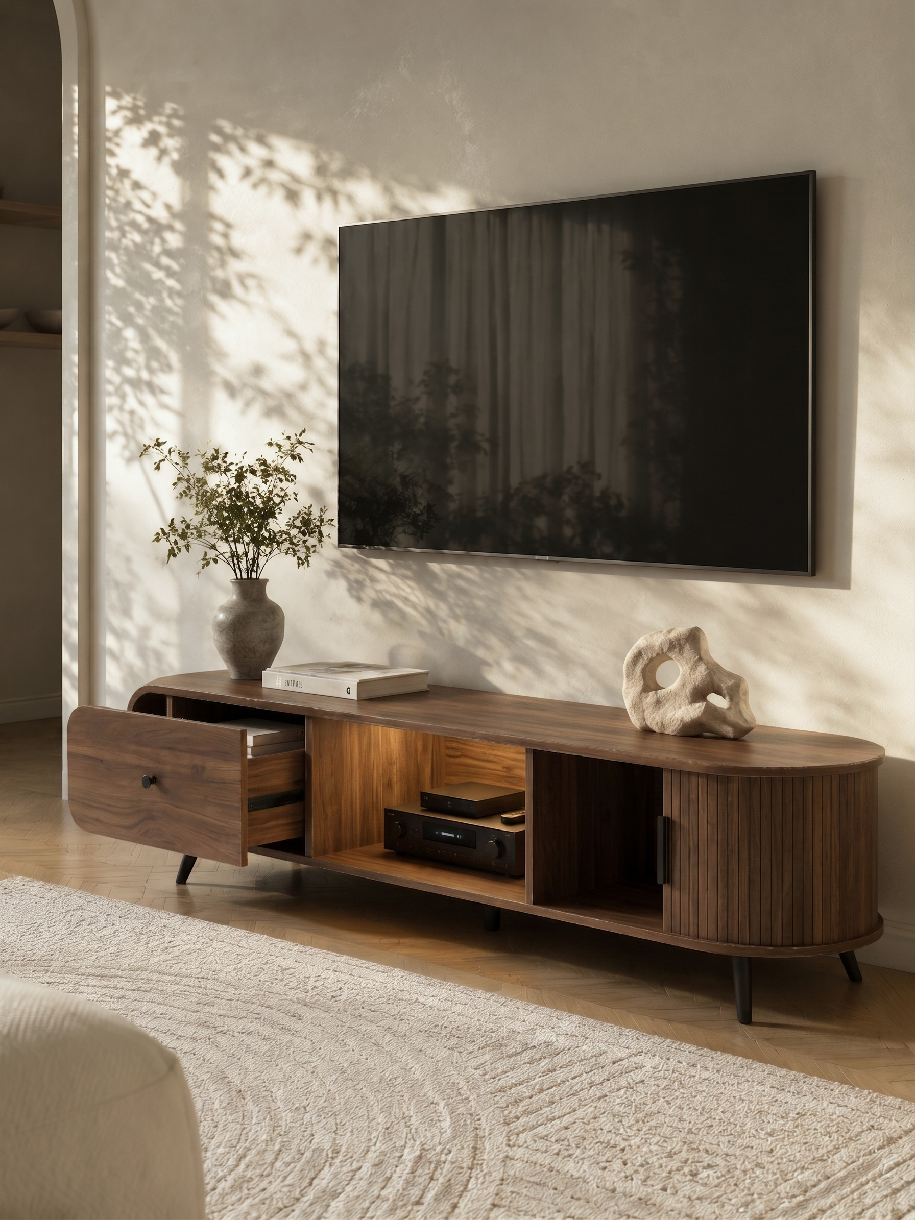 Oval Fluted Wood Media Console with LED Lighting, Mixed Storage TV Stand with Slide Drawer & Fluted Cabinet Door, Wabi-Sabi Curved Edge Entertainment Center for Living Room