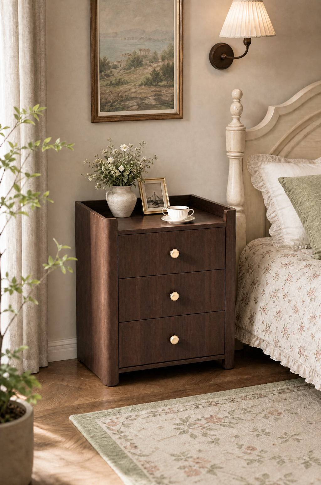3-Drawer Wooden Nightstand with Raised Rail Top | Modern Farmhouse Bedside Cabinet with Brass Knobs