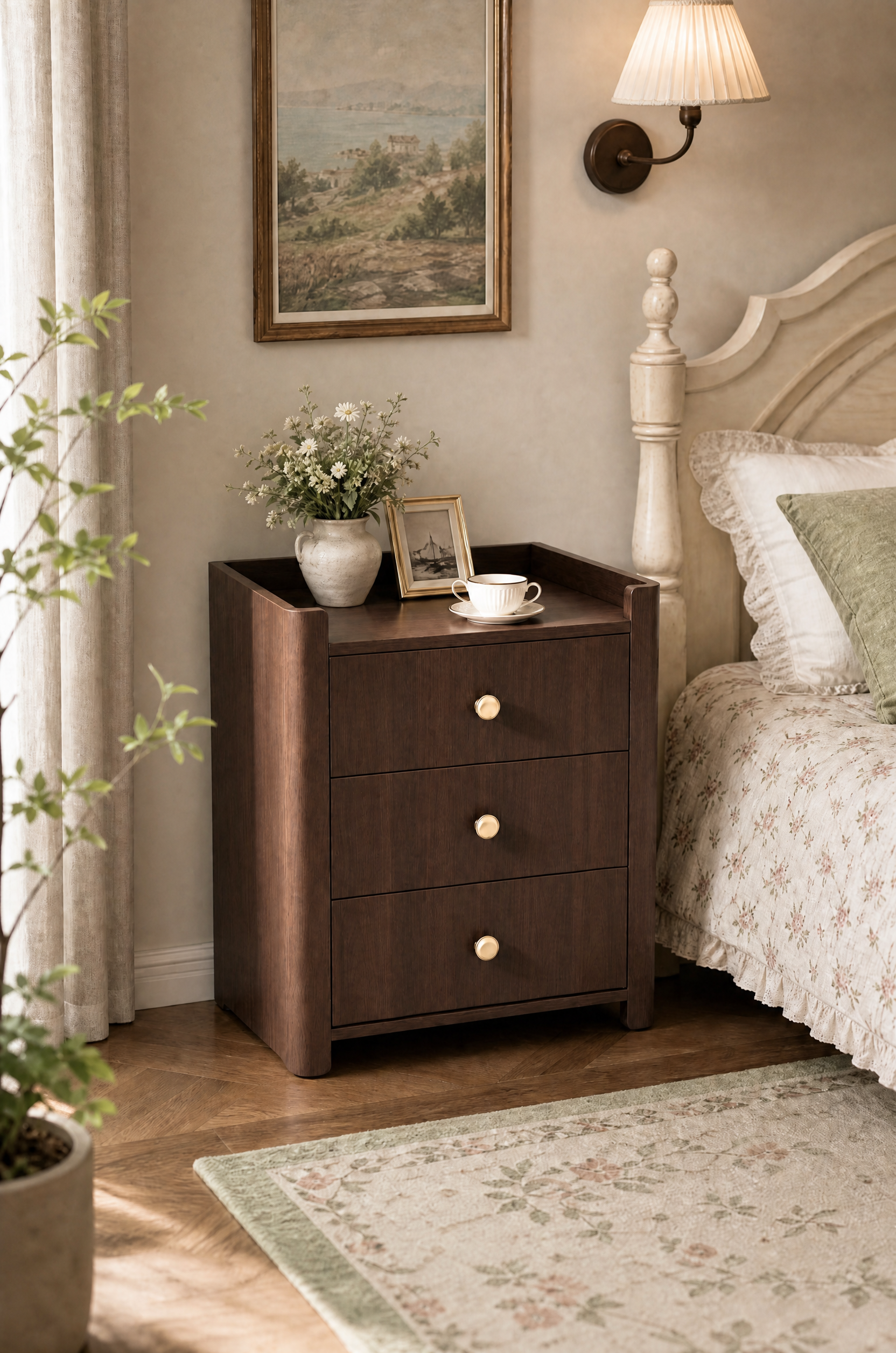 3-Drawer Wooden Nightstand with Raised Rail Top | Modern Farmhouse Bedside Cabinet with Brass Knobs