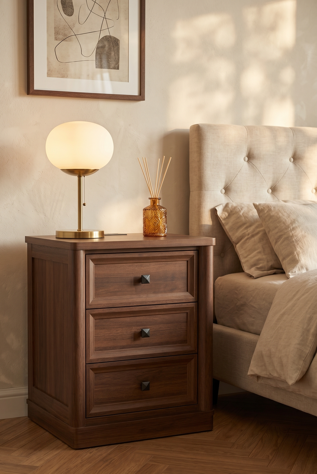 Traditional 3-Drawer Wooden Nightstand | Recessed Panel Bedside Cabinet with Square Knobs