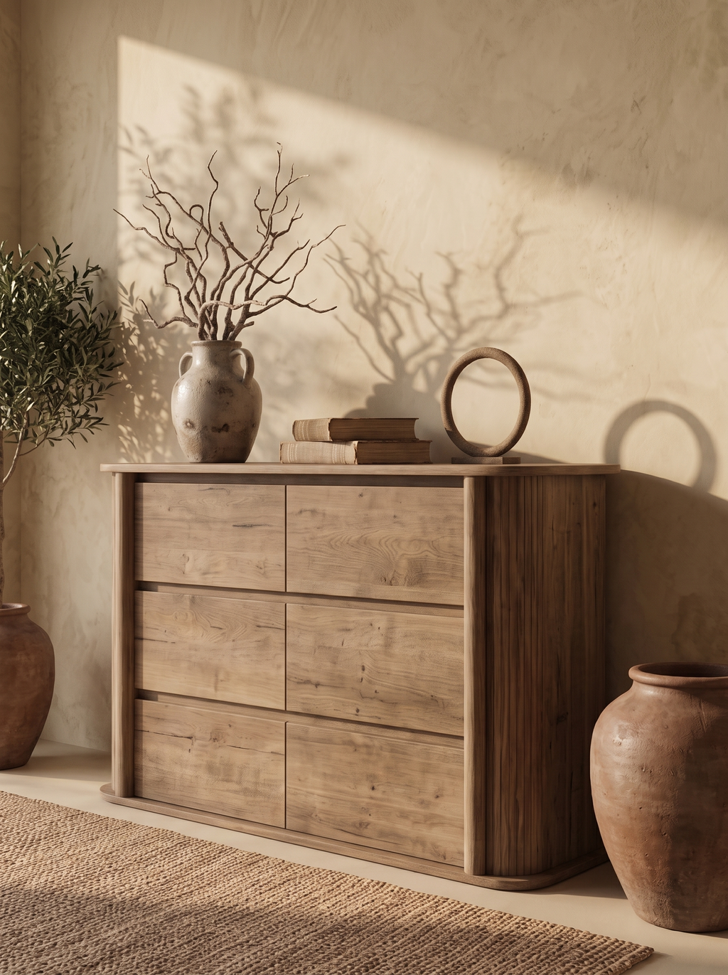 6-Drawer Fluted Sideboard Dresser, Curved Edge Wide Wooden Storage Chest with Vertical Ribbed Panels, Minimal Wabi-Sabi Bedroom Dresser & Living Room Buffet Cabinet