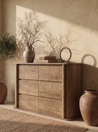 6-Drawer Fluted Sideboard Dresser, Curved Edge Wide Wooden Storage Chest with Vertical Ribbed Panels, Minimal Wabi-Sabi Bedroom Dresser & Living Room Buffet Cabinet