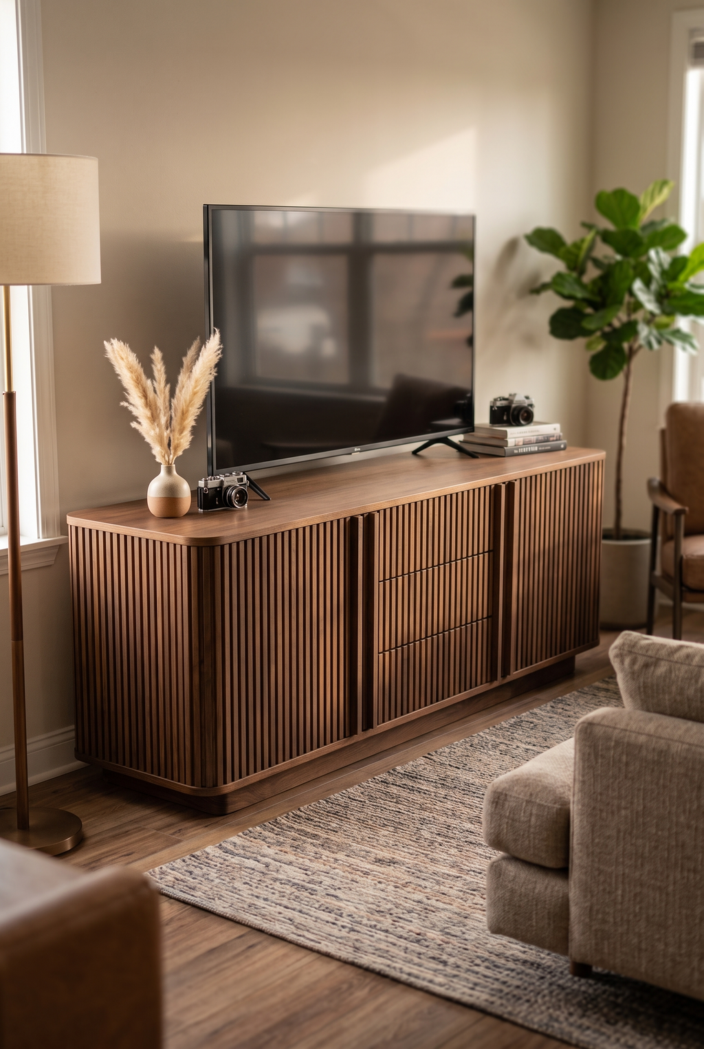 68" Vertical Striped Wave Fluted Wooden TV Stand Sideboard, Mid Century Modern Media Console with Hidden Drawers, Storage Buffet Cabinet Fits TVs up to 75", Multi-Purpose Credenza for Living Room, Bedroom, Kitchen & Entryway