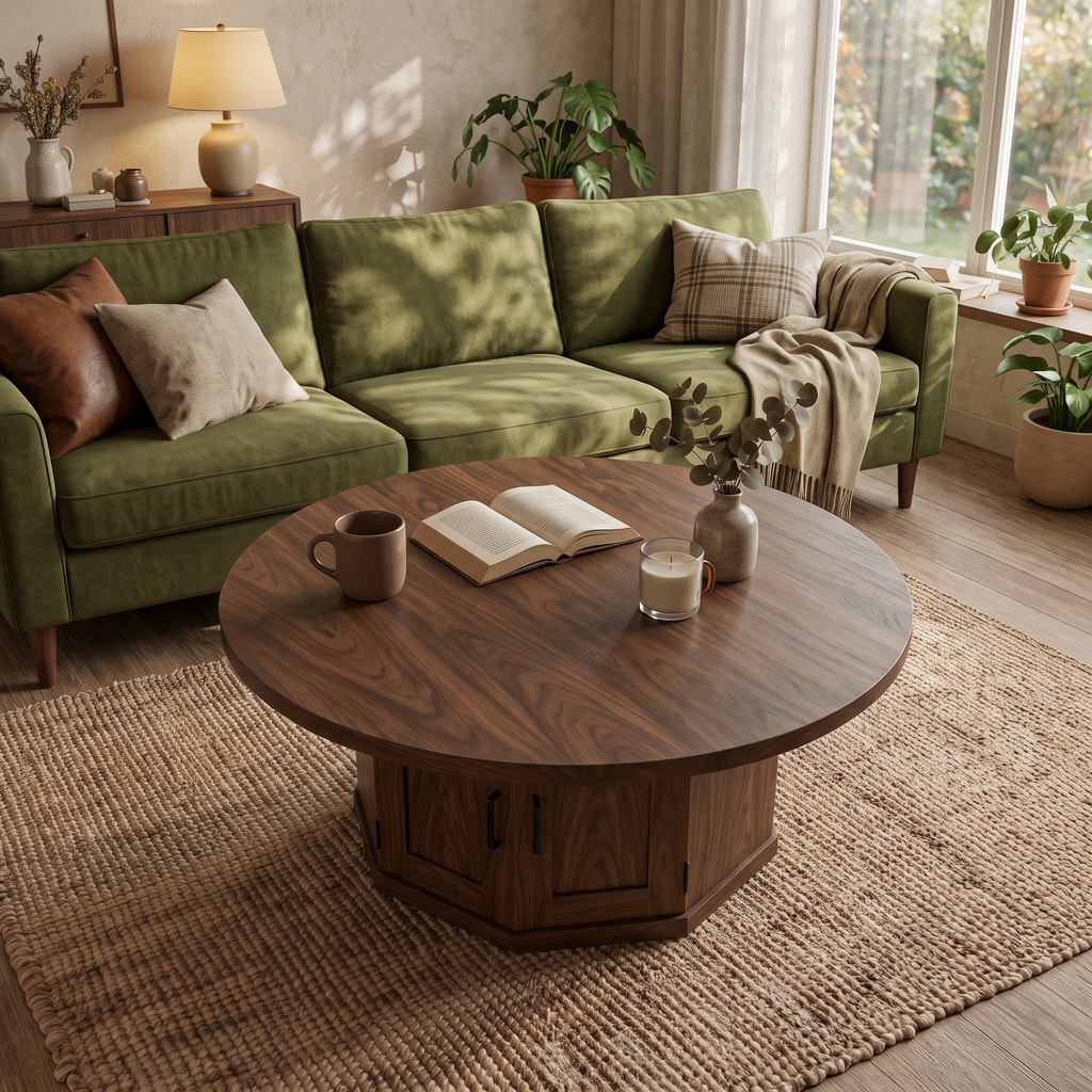 Round Walnut Coffee Table with Hidden Storage — Mid-Century Modern Accent Table for Living Room