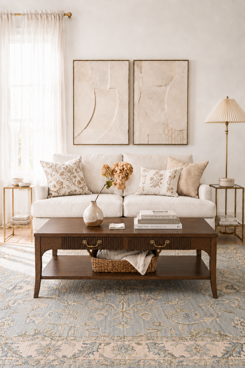 Vertical Fluted Drawer Wooden Coffee Table, 2-Tier Farmhouse Rectangular Cocktail Table with Curved Cutout Legs & Dual Brass Pull Handles, Vintage Storage Center Table for Living Room