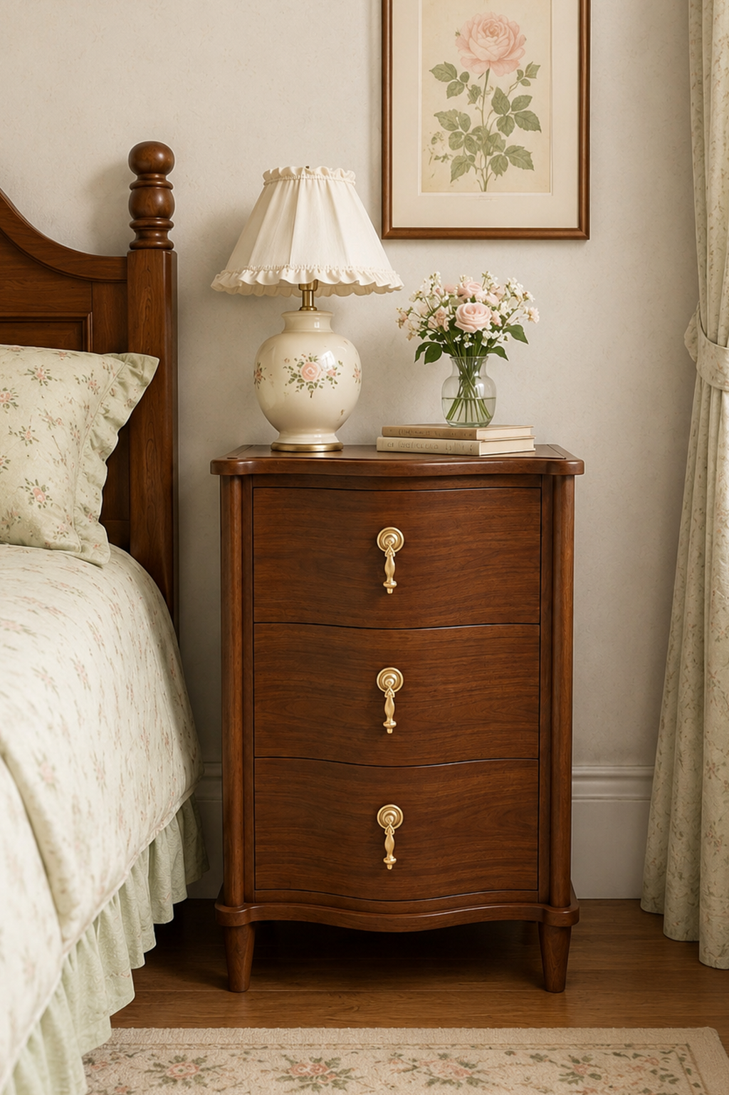 3-Drawer Curved Front Wooden Nightstand | Vintage Cottage Bedside Cabinet with Ornate Brass Pulls & Curved Bun Legs