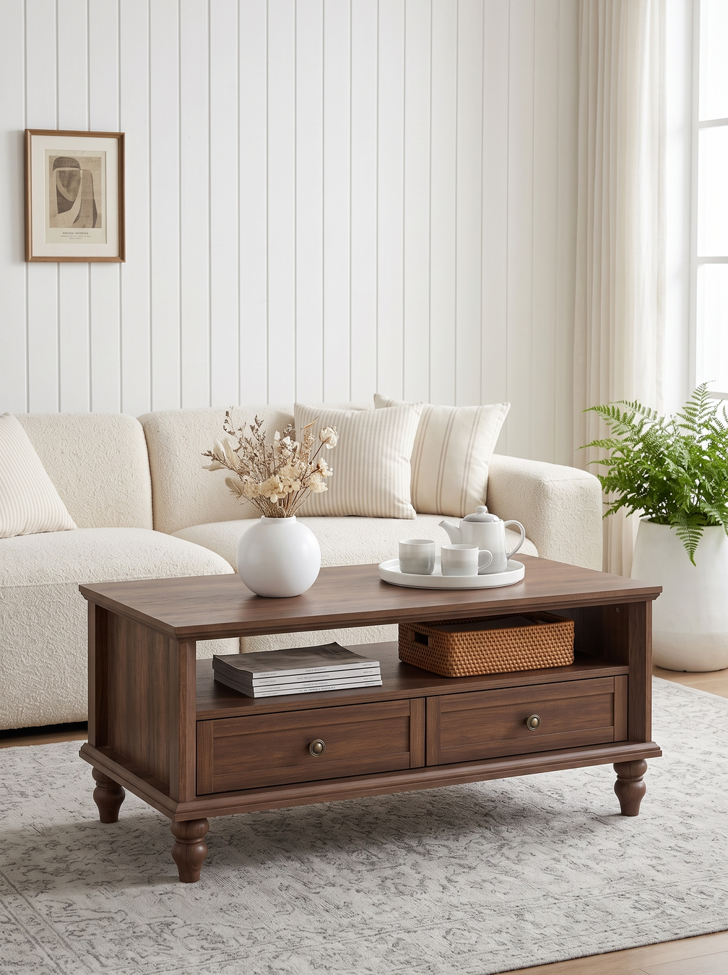 Farmhouse Rectangular Coffee Table with Turned Legs, Wooden Cocktail Table with 2 Storage Drawers & Open Compartment, Vintage Center Table for Living Room