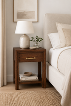 Single Drawer Wooden Nightstand | Open Bottom Shelf Bedside End Table with Horizontal Brass Bar Pull, Minimal Farmhouse Storage Nightstand
