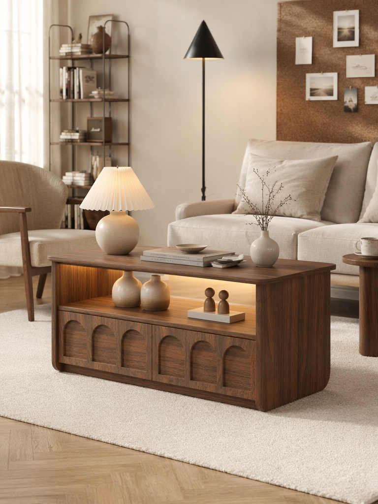 Arched Recessed Panel Wooden Coffee Table, Rectangular 2-Drawer Storage Cocktail Table with Open Upper Shelf, Minimal Vintage Center Table for Living Room