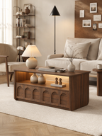 Arched Recessed Panel Wooden Coffee Table, Rectangular 2-Drawer Storage Cocktail Table with Open Upper Shelf, Minimal Vintage Center Table for Living Room