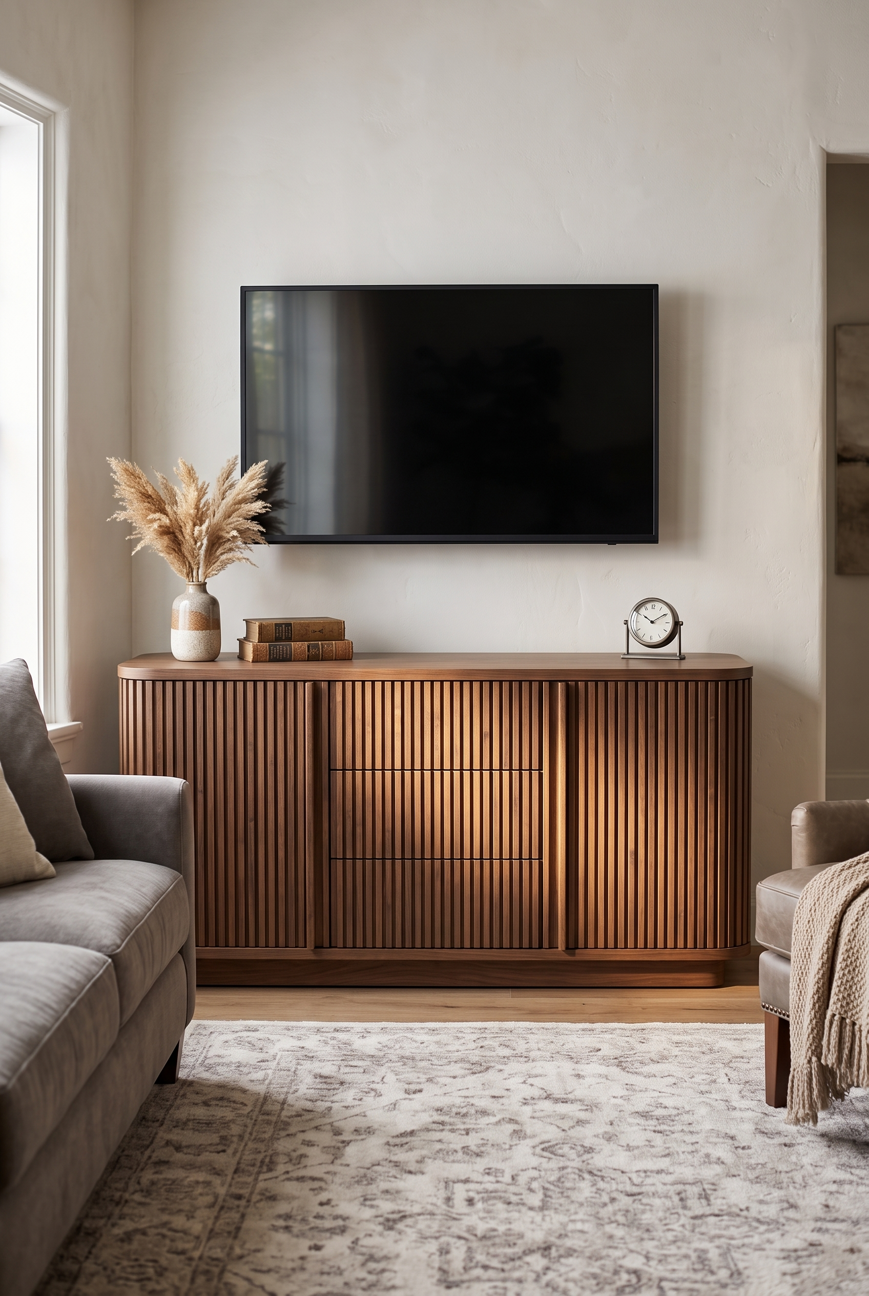 68" Vertical Striped Wave Fluted Wooden TV Stand Sideboard, Mid Century Modern Media Console with Hidden Drawers, Storage Buffet Cabinet Fits TVs up to 75", Multi-Purpose Credenza for Living Room, Bedroom, Kitchen & Entryway