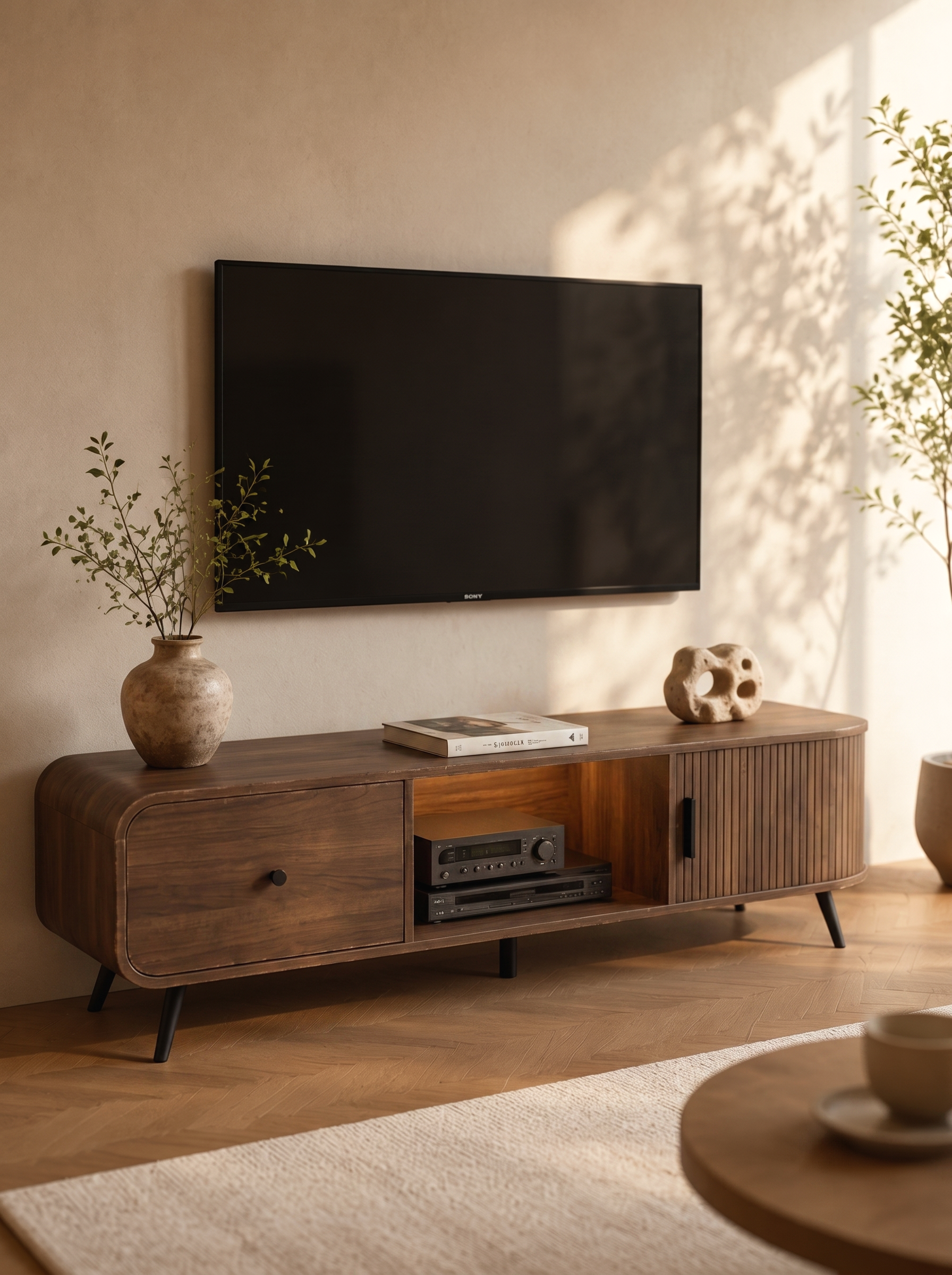 Oval Fluted Wood Media Console with LED Lighting, Mixed Storage TV Stand with Slide Drawer & Fluted Cabinet Door, Wabi-Sabi Curved Edge Entertainment Center for Living Room