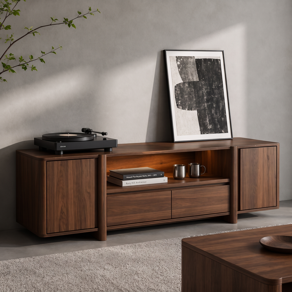 Wabi-Sabi Wooden TV Stand with Built-In LED Lighting, Symmetrical Media Console with Closed Side Cabinets, Central Drawers & Open Display Nook, Minimalist Entertainment Center for Living Room