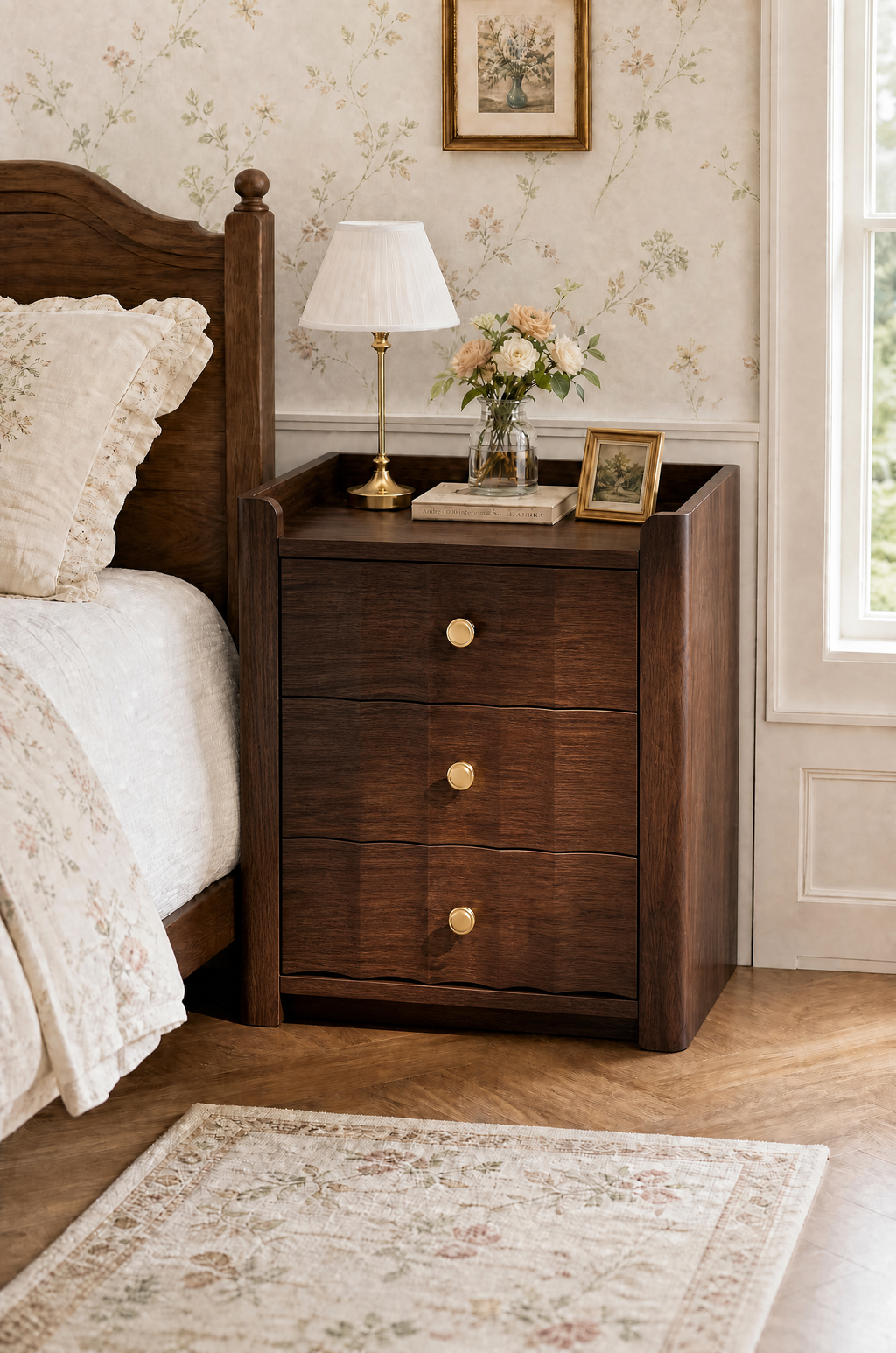 3-Drawer Wooden Nightstand with Raised Rail Top | Modern Farmhouse Bedside Cabinet with Brass Knobs
