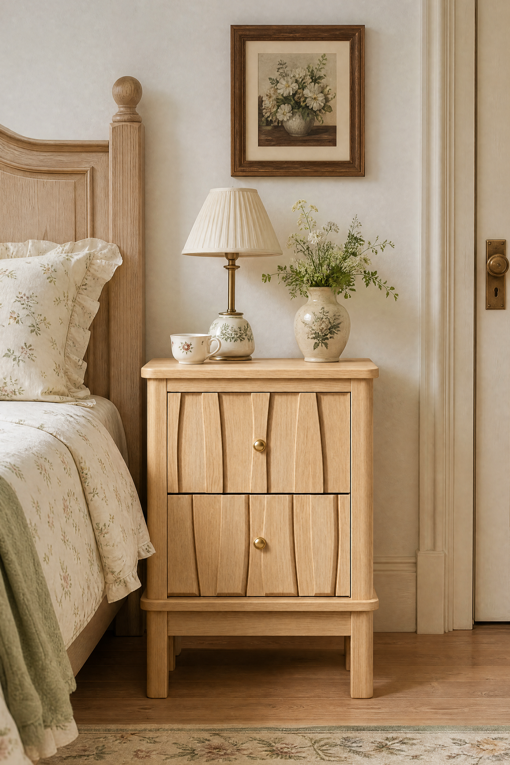 Textured 2-Drawer Bedside Nightstand | Modern Wooden Cabinet with Vertical Groove Detailing