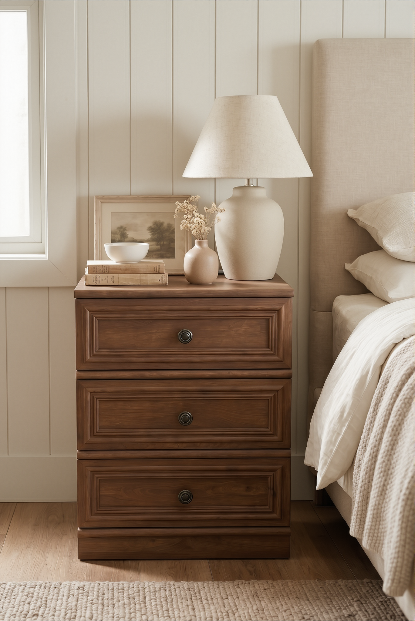 3-Drawer Traditional Wooden Nightstand | Recessed Panel Bedside Cabinet with Round Knobs