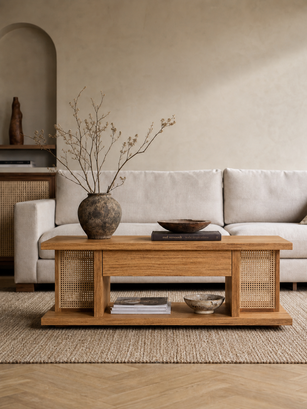 Rectangular Rattan Inset Wooden Coffee Table, 2-Tier Japandi Cocktail Table with Central Storage Drawer, Woven Panel Low Profile Center Table for Living Room, Multiple Wood Finish Options