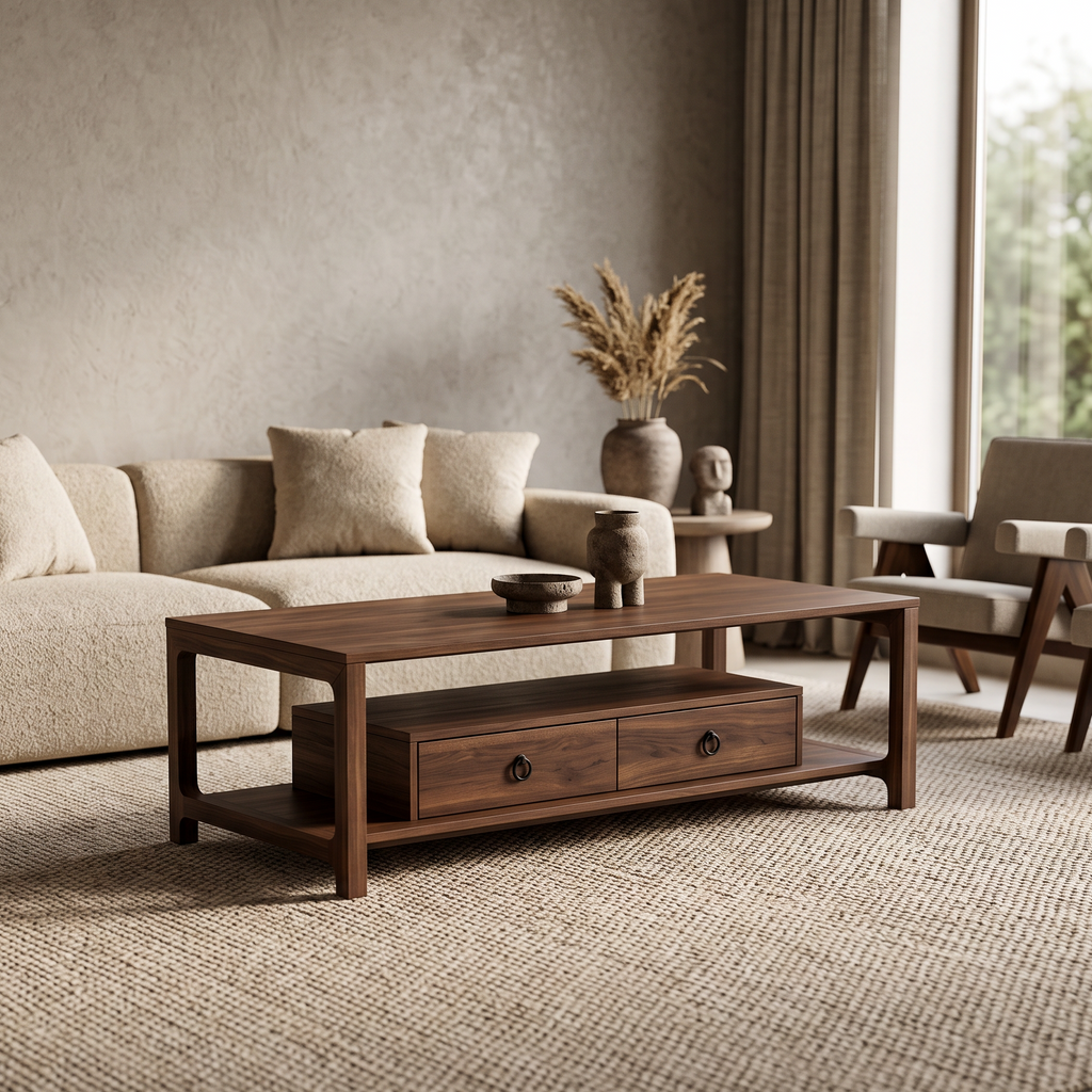 Solid Wood Coffee Table with Dual Drawer Storage, Open Shelf Central Living Room Cocktail Table, Minimalist Low‑Profile Rectangular Tea Table for Living Space Organization
