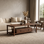 Solid Wood Coffee Table with Dual Drawer Storage, Open Shelf Central Living Room Cocktail Table, Minimalist Low‑Profile Rectangular Tea Table for Living Space Organization