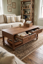 47.5" Wide Rustic Wood Coffee Table with Drawers, Vintage Rectangular Center Table with 2 Drawers & Open Lower Shelf, Solid Wood Look Cocktail Tea Table for Living Room, Apartment & Office