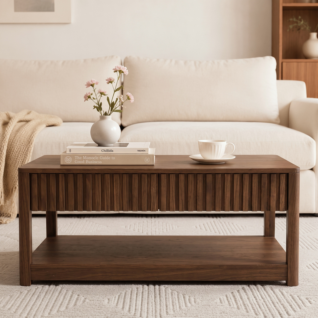 Convertible Fluted Wooden Coffee Table, 2-in-1 Rectangular Ribbed Cocktail Table with Detachable Storage Drawers & Open Lower Shelf, Multi-Functional Wave Panel Center Table for Living Room