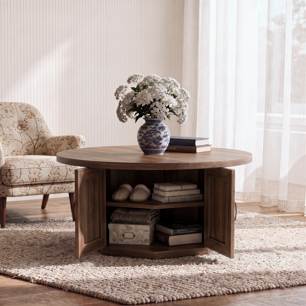 Round Walnut Coffee Table with Hidden Storage — Mid-Century Modern Accent Table for Living Room