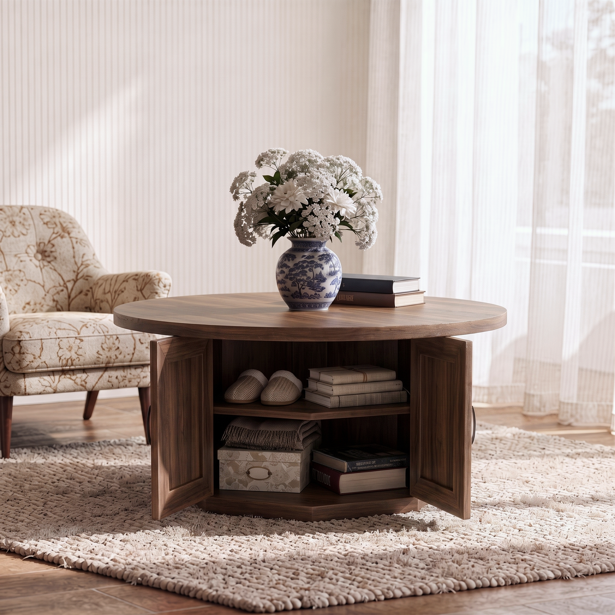 Round Walnut Coffee Table with Hidden Storage — Mid-Century Modern Accent Table for Living Room