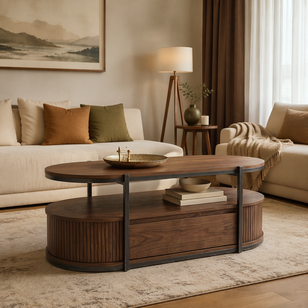 Oval Fluted Wood & Metal Coffee Table with Large Sliding Storage Drawer, 2-Tier Ribbed Cocktail Table, Curved Edge Wooden Center Table for Modern & Japandi Living Room