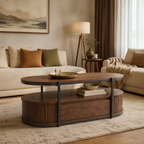 Oval Fluted Wood & Metal Coffee Table with Large Sliding Storage Drawer, 2-Tier Ribbed Cocktail Table, Curved Edge Wooden Center Table for Modern & Japandi Living Room
