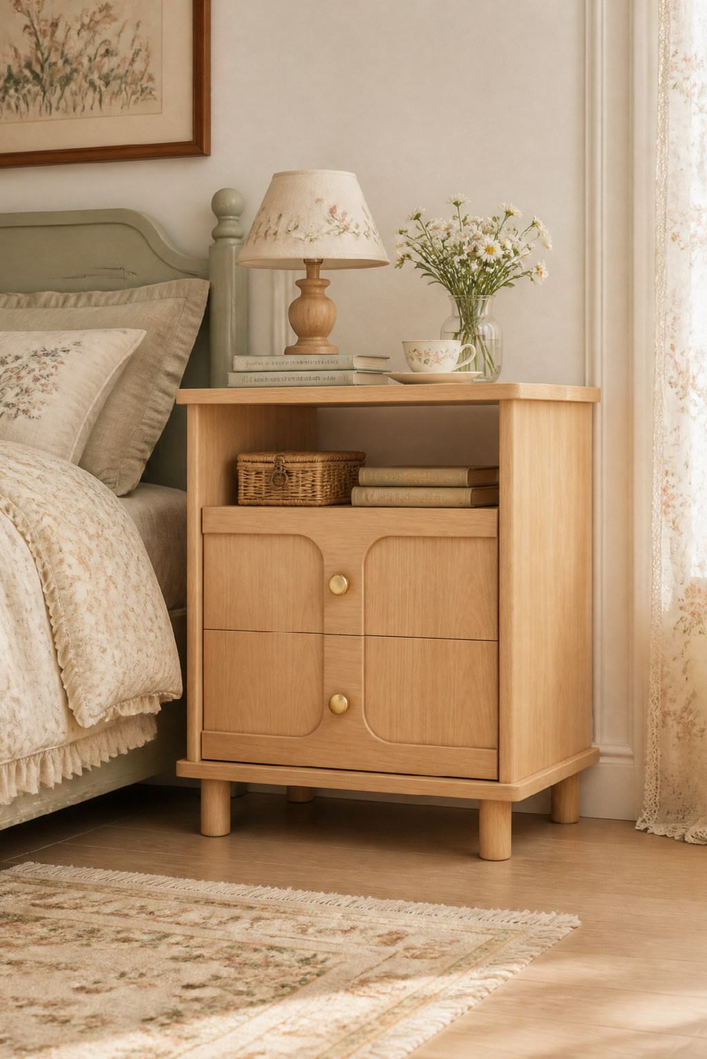 Mid-Century Modern Open Shelf Nightstand | Curved Panel Bedside Cabinet with Brass Knobs
