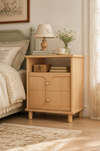 Mid-Century Modern Open Shelf Nightstand | Curved Panel Bedside Cabinet with Brass Knobs