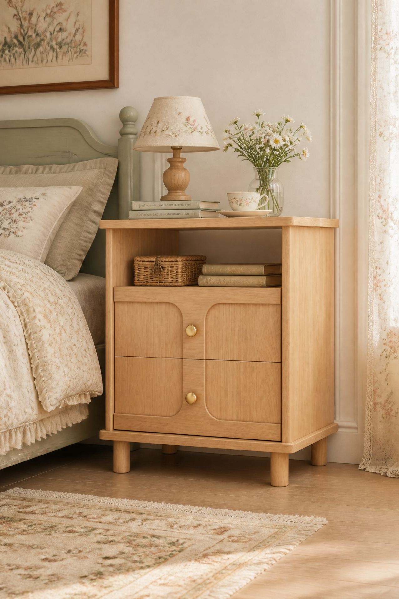 Mid-Century Modern Open Shelf Nightstand | Curved Panel Bedside Cabinet with Brass Knobs