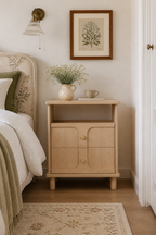 Mid-Century Modern Open Shelf Nightstand | Curved Panel Bedside Cabinet with Brass Knobs
