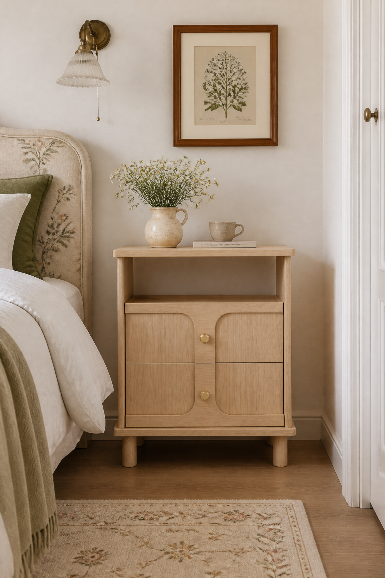 Mid-Century Modern Open Shelf Nightstand | Curved Panel Bedside Cabinet with Brass Knobs