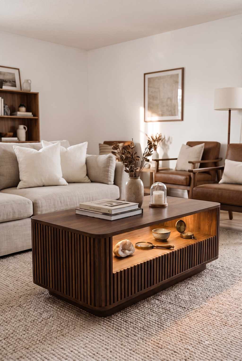 Vertical Fluted Wooden Coffee Table with Built-In LED Light, Pull-Out Storage Drawer & Open Bar Shelf, Curved Edge Ribbed Cocktail Table for Living Room Bar Storage