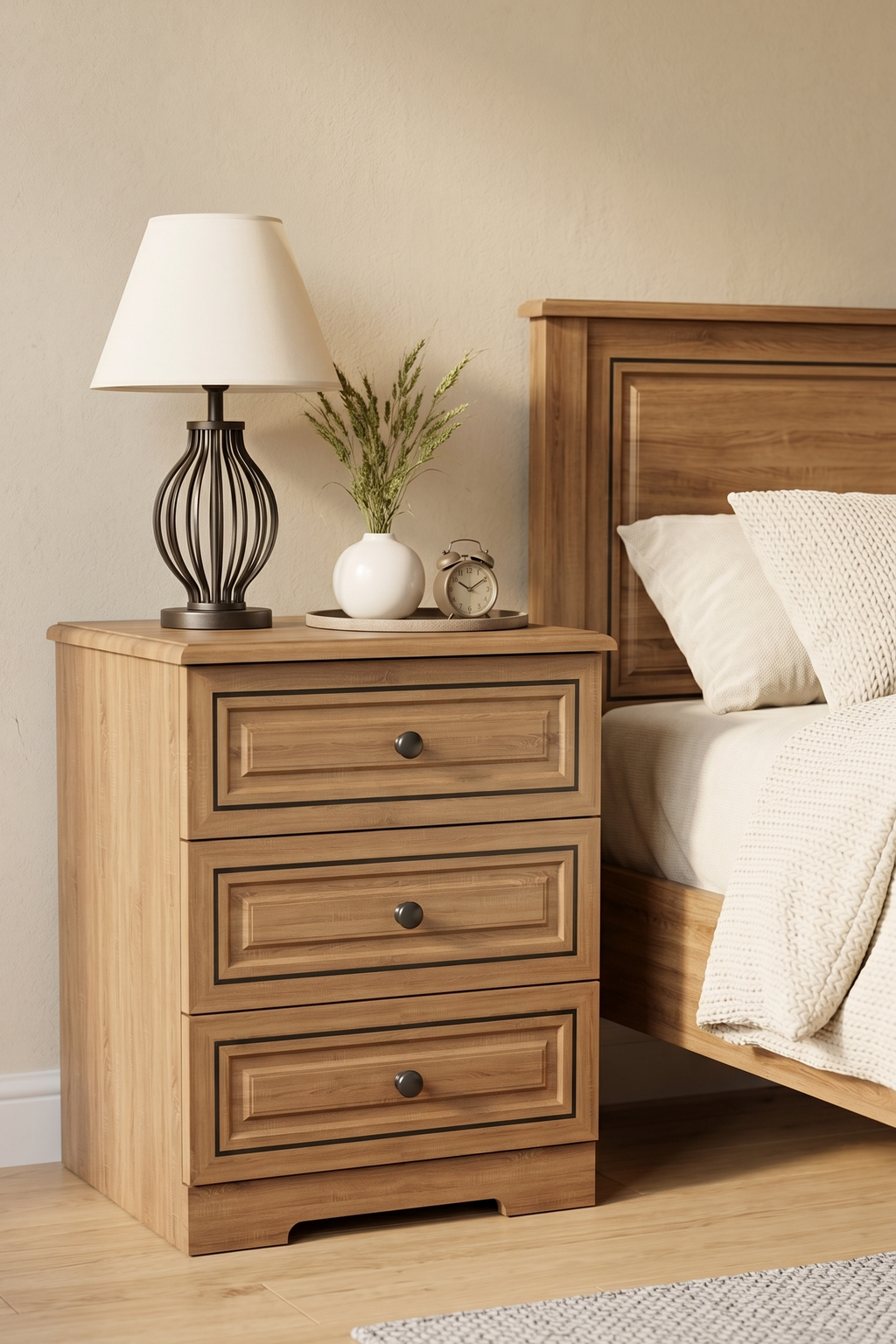 3-Drawer Wooden Nightstand with Contrast Trim | Farmhouse Bedside Storage Cabinet in 2 Wood Finishes for Bedroom