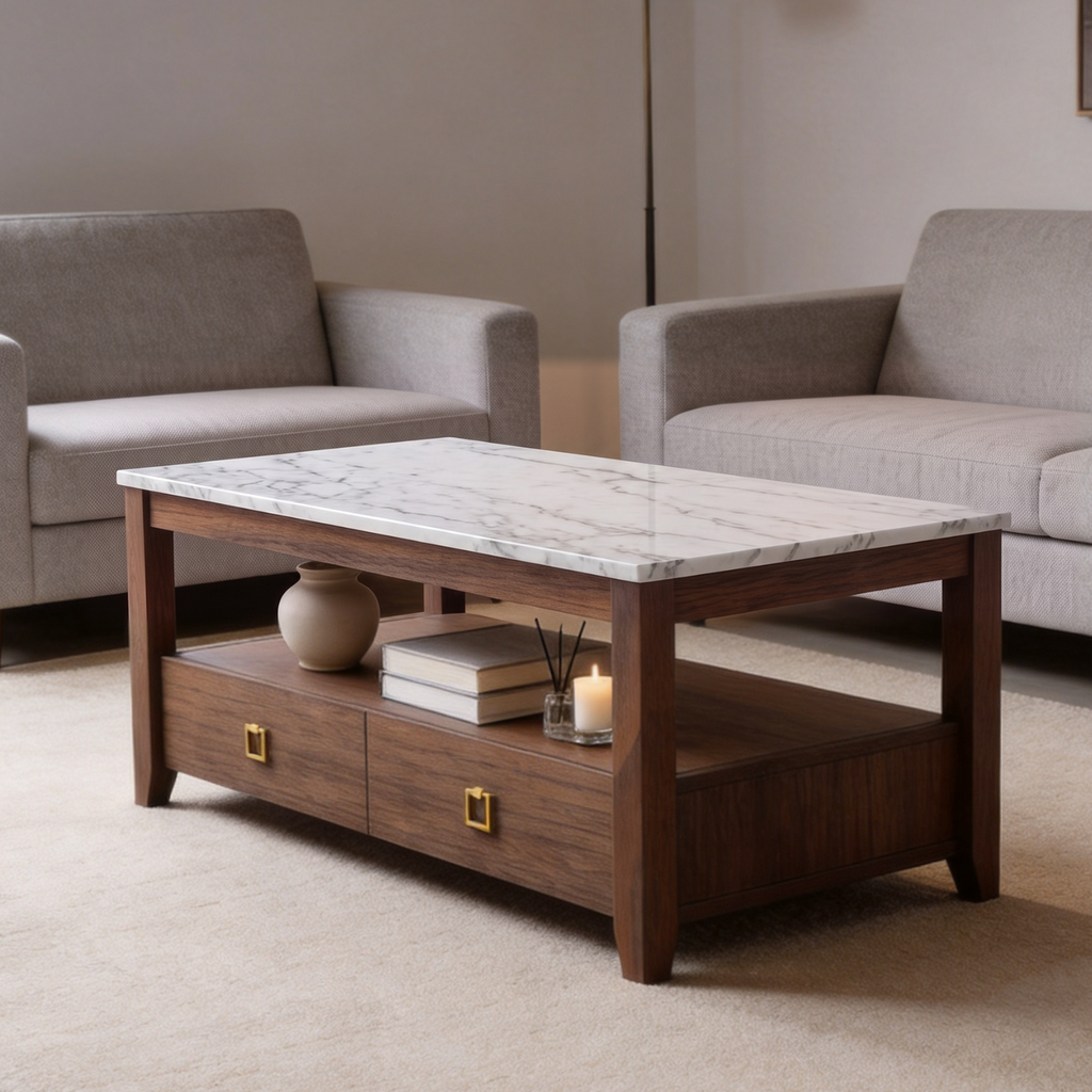 Marble Top 2-Drawer Wooden Coffee Table, Rectangular Storage Center Table with Gold Square Pulls, Modern Farmhouse Living Room Cocktail Table