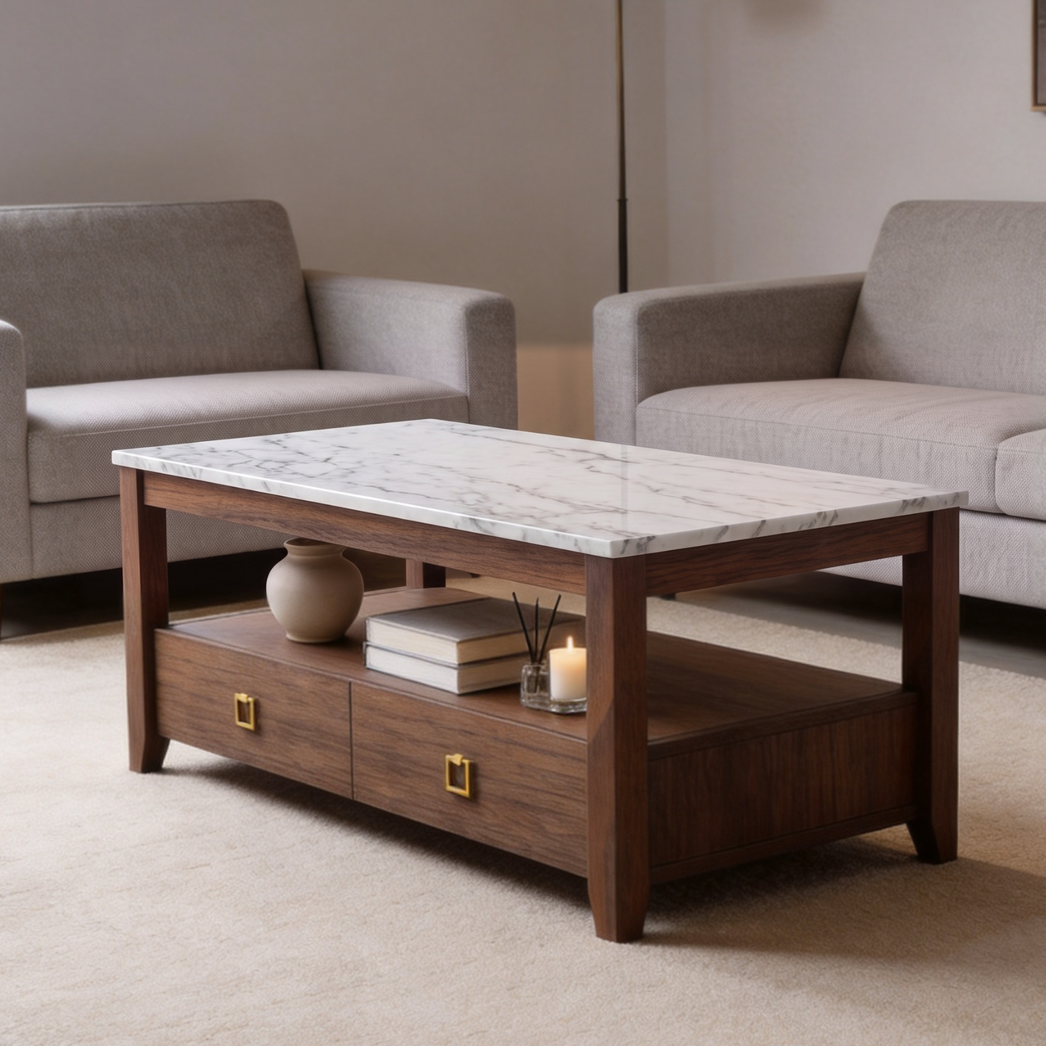 Marble Top 2-Drawer Wooden Coffee Table, Rectangular Storage Center Table with Gold Square Pulls, Modern Farmhouse Living Room Cocktail Table