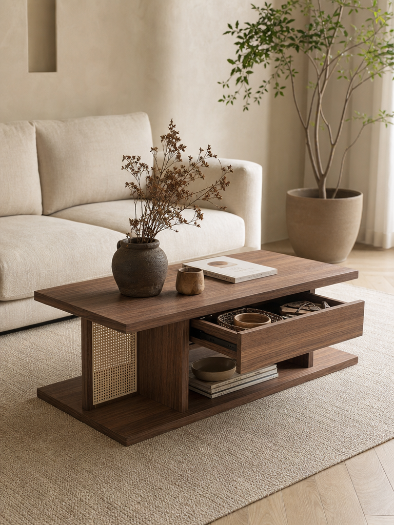 Rectangular Rattan Inset Wooden Coffee Table, 2-Tier Japandi Cocktail Table with Central Storage Drawer, Woven Panel Low Profile Center Table for Living Room, Multiple Wood Finish Options