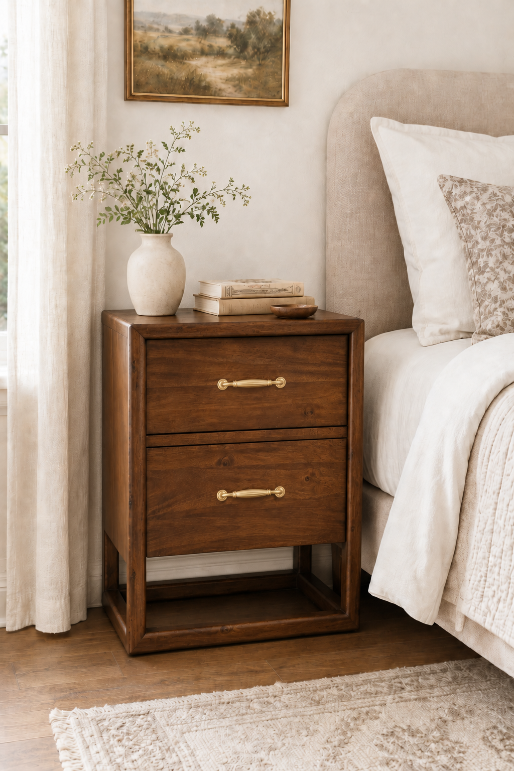 2-Drawer Rustic Wooden Nightstand with Open Bottom Shelf, Rectangular Floating Frame Bedside Cabinet, Vintage Storage End Table with Long Bar Brass Pulls for Bedroom